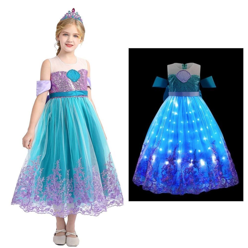 Girl Fancy Costume Mermaid Ariel Princess Dress Up Halloween Party LED Light 7-8